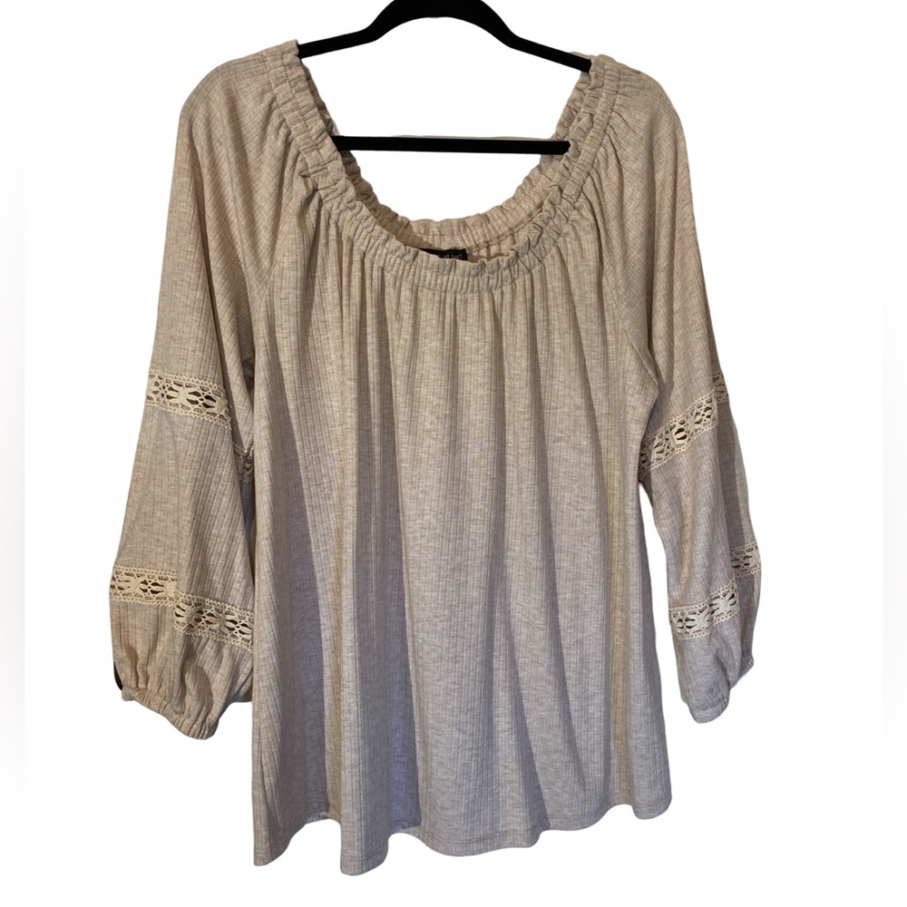 Lane Bryant beige knit off shoulder top with Lace Detail, size 14/16.